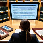 A focused paralegal, resembling a modern-day detective, surrounded by an extensive digital and physical legal library. They are deeply engrossed in dissecting a court opinion on a glowing screen, with physical law books open nearby. A magnifying glass rests on a printed text, symbolizing meticulous analysis and the "connecting dots" aspect of legal research. The setting is a sophisticated law office, conveying intellectual depth and strategic thinking.