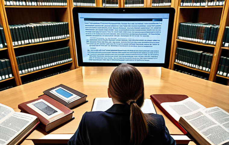 A focused paralegal, resembling a modern-day detective, surrounded by an extensive digital and physical legal library. They are deeply engrossed in dissecting a court opinion on a glowing screen, with physical law books open nearby. A magnifying glass rests on a printed text, symbolizing meticulous analysis and the "connecting dots" aspect of legal research. The setting is a sophisticated law office, conveying intellectual depth and strategic thinking.