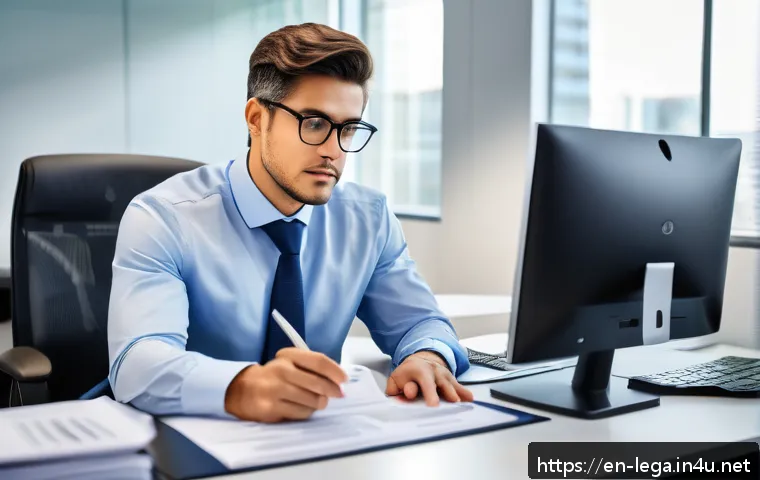 법무사로서 소송 대리인의 역할 - A professional legal process agent in a modern office setting, wearing business attire and carefully...
