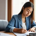 Home 18 법무사 자격증 난이도 평가 - A professional young adult woman studying diligently at a modern home office desk, surrounded by not...
