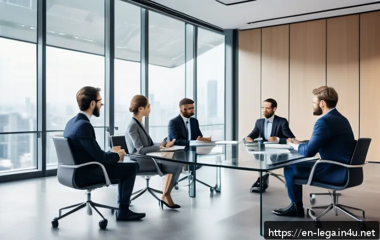 법무사로서 법률 상담 사례 - A professional business negotiation scene inside a modern conference room, featuring diverse busines...